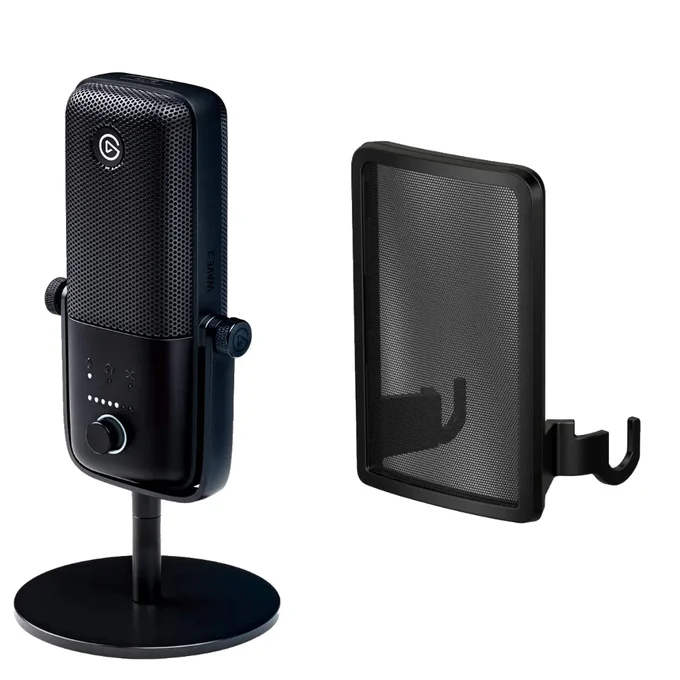 Black desktop microphone on a stand beside a rectangular mesh pop filter against a white background.