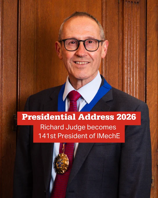 Richard Judge wearing a formal suit and red tie with a ceremonial chain, announced as the 141st President of IMechE in 2026.