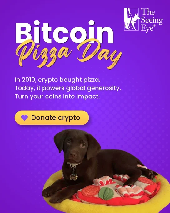 Text reads, “Bitcoin Pizza Day – In 2010, crypto bought pizza. Today, it powers global generosity. Turn your coins into impact. – Donate crypto” A chocolate Lab Seeing Eye puppy lies on a pizza snuffle mat.