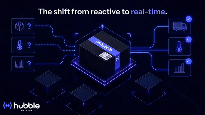 Illustration of a connected shipment box with live logistics data, tracking, and monitoring indicators transitioning from unknown status to real-time visibility using Hubble Network connectivity.