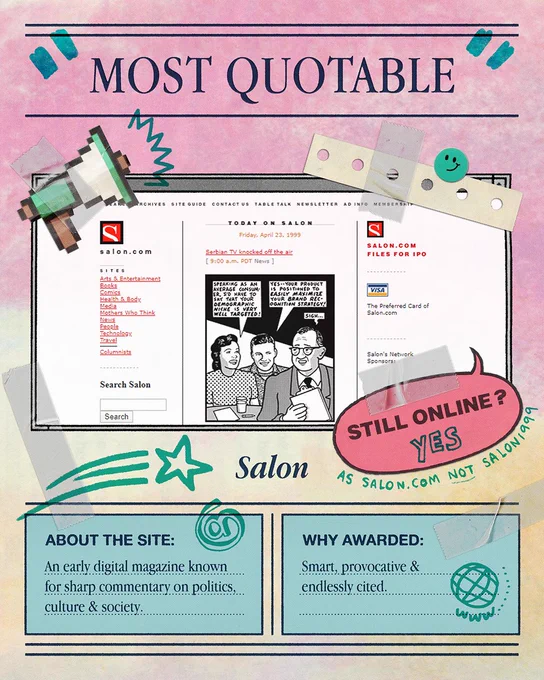 Yearbook-style page labeled “Most Quotable” featuring a retro screenshot of Salon.com, decorated with doodles and stickers; caption highlights the site’s sharp commentary on politics, culture, and society.