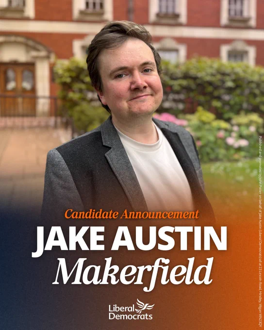 Photo of Jake Austin with a gradient fade on the bottom half, overlaid with the text: Candidate Announcement Jake Austin Makerfield. 