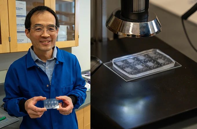  Xiangpeng Li holding microfluidics device. Also, a piece of silicone etched with tiny channels to control flow of microdroplets