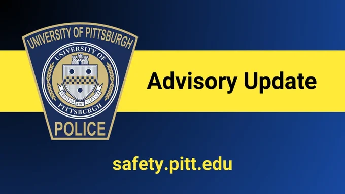 Blue graphic with yellow banner and UPPD patch text reads advisory update safety.pitt.edu