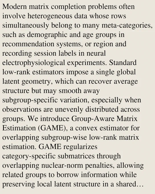 Modern matrix completion problems often involve heterogeneous data whose rows simultaneously belong to many meta-categories, such as demographic and age groups in recommendation systems, or region and recording session labels in neural electrophysiological experiments. Standard low-rank estimators impose a single global latent geometry, which can recover average structure but may smooth away subgroup-specific variation, especially when observations are unevenly distributed across groups. We introduce Group-Aware Matrix Estimation (GAME), a convex estimator for overlapping subgroup-wise low-rank matrix estimation. GAME regularizes category-specific submatrices through overlapping nuclear-norm penalties, allowing related groups to borrow information while preserving local latent structure in a shared coordinate system. We provide finite-sample guarantees for both reconstruction error and subgroup-specific subspace recovery, showing how performance depends on sampling density, subgroup ra