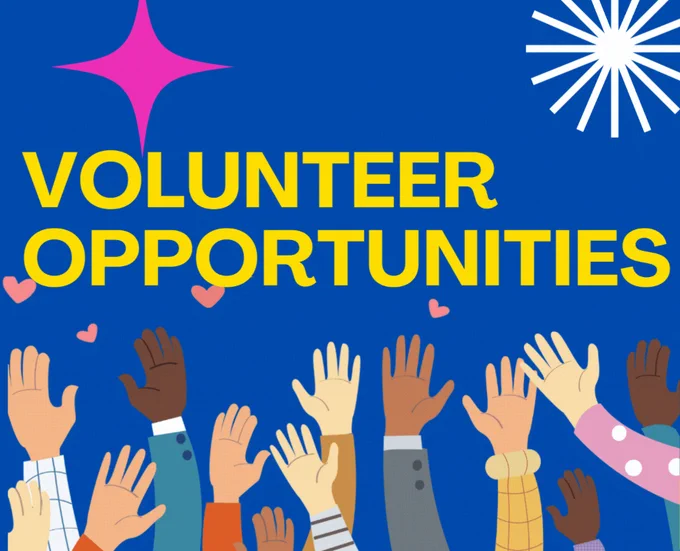 Illustration featuring diverse hands raised in the air against a blue background. The text "Volunteer Opportunities" is prominently displayed in yellow above the hands. Pink stars and small heart shapes are scattered around.