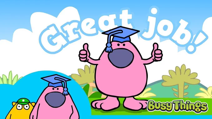 Busy Things' pink teacher man giving a thumbs up to all his fellow teachers. Enjoy your half-term breaks!