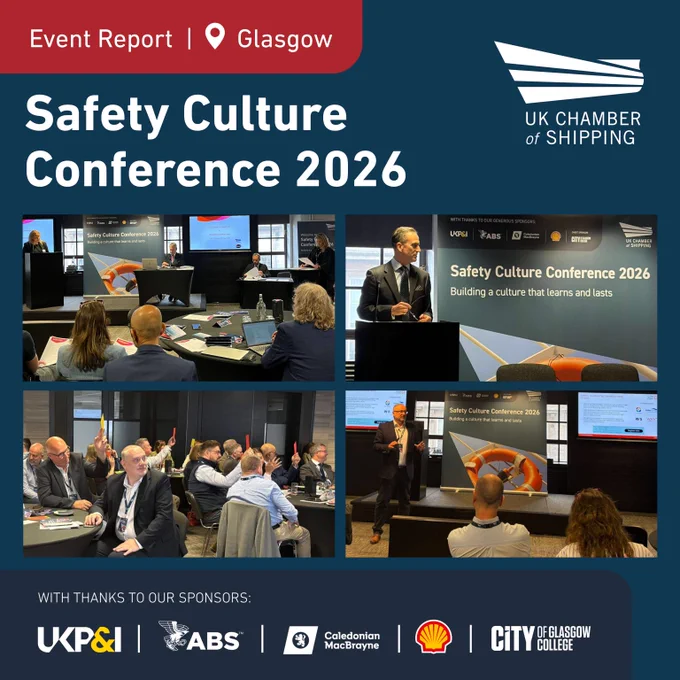 Attendees engage in presentations and discussions at the UK Chamber of Shipping Safety Culture Conference 2026 in Glasgow.