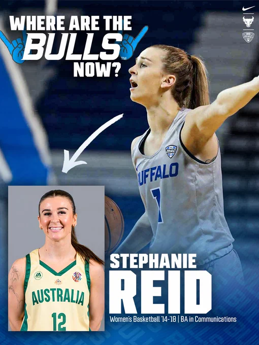 An image of Stephanie Reid in her Buffalo Bulls uniform as a student with text asking where are your Bulls now?