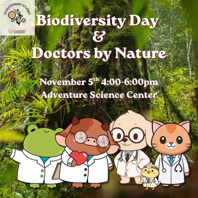 Promotional graphic for Biodiversity Day and Doctors by Nature event on November 5th, 4:00-6:00pm at the Adventure Science Center, featuring four cute cartoon animals — a frog, a pig, a dog, and a cat — wearing lab coats and stethoscopes, set against a lush green forest background, with the ESI and Vanderbilt University logos in the upper left corner.