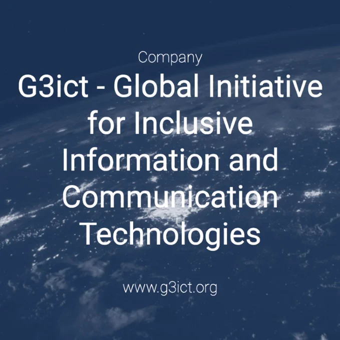 A dark blue-tinted satellite image of Earth with text, Company: G3ict - Global Initiative for Inclusive Information and Technologies. www.g3ict.org.
