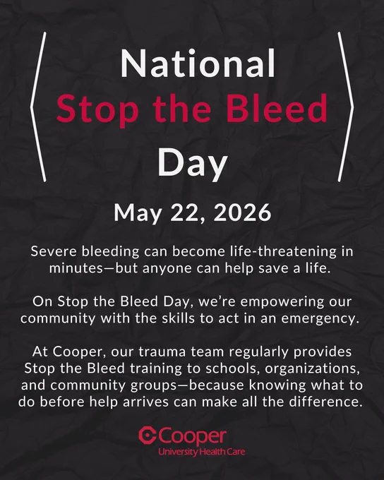 National Stop the Bleed Day poster for May 22, 2026, highlighting the importance of bleeding control to save lives. Cooper University Health Care logo is at the bottom.