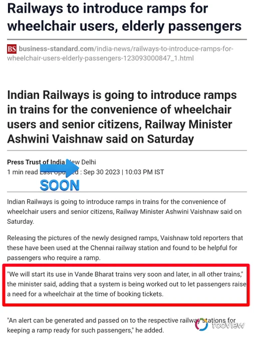Screen grab of article highlighting Railway Minister comments on rolling out wheelchair ramps on all trains starting 2023