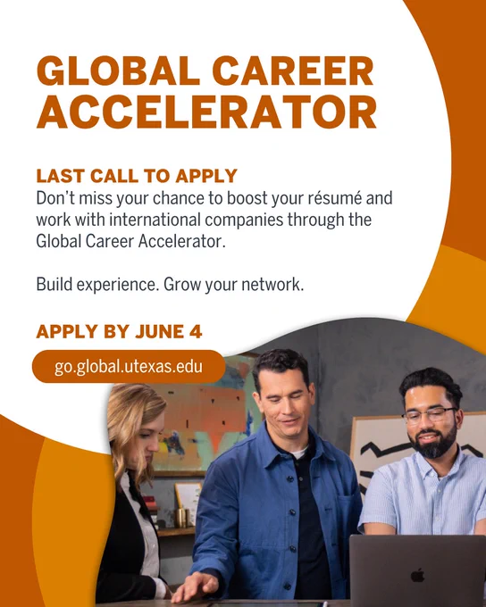 Three young professionals collaborating in a modern office setting with a laptop, promoting the Global Career Accelerator program.