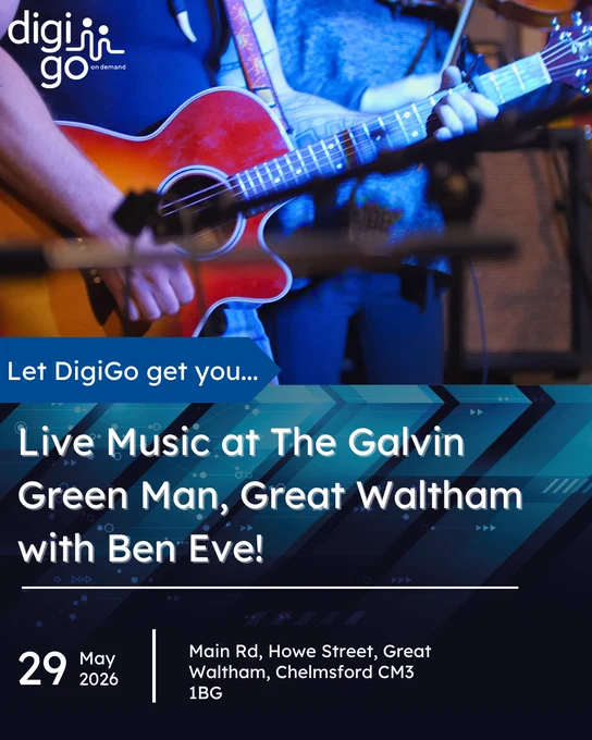 Live music event poster: Ben Eve performing at The Galvin Green Man, Great Waltham on 29 May 2026.