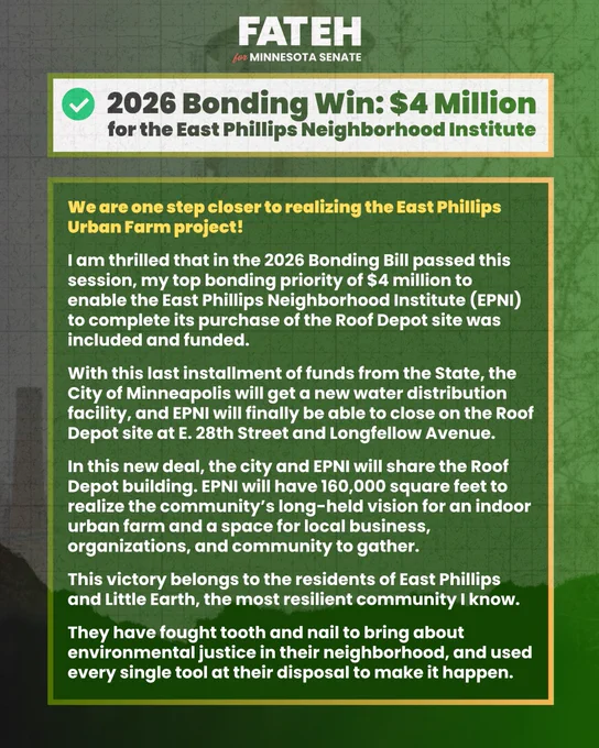 Text about 2026 Bonding Win for the East Philips Neighborhood Institute. Full text statement on https://www.instagram.com/p/DYpSze7DlWY/