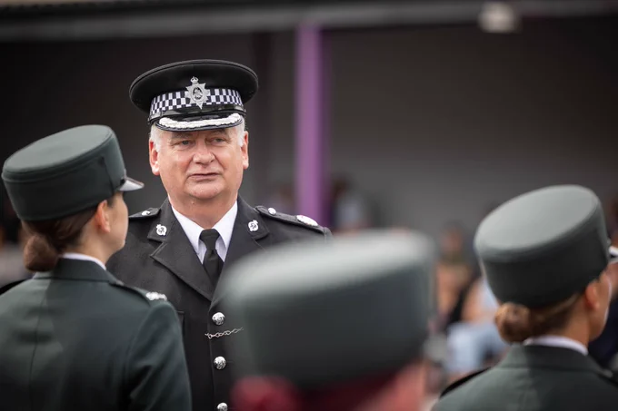 Belfast Harbour Police Chief Officer Michael Daly speaking with officers during the attestation ceremony at the Police College.