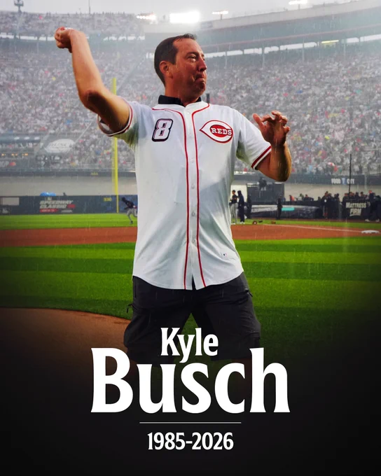 Kyle Busch
1985-2026

Pictured: Kyle Busch throws out the first pitch at the Speedway Classic. He is wearing a white Reds jersey and black pants.