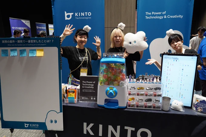 KINTOテクノロジーズ社のブース写真
頭に雲モチーフのぬいぐるみを乗せた3名が手を広げている