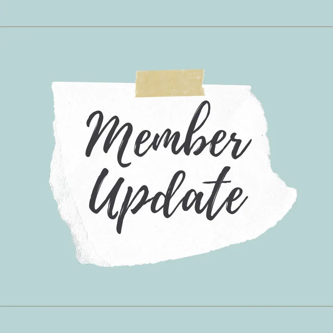 Image of a white scrap of paper taped to a light blue field. Script on the paper reads, "member update." End ID.