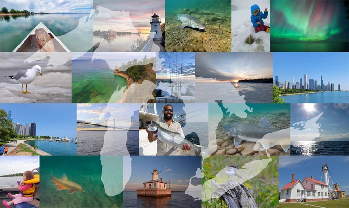 A collage of 20 photos showing scenes from around the Great Lakes, including canoeing, lighthouses, fish, fishing, northern lights, birds, the Mackinac Bridge, and city skylines.