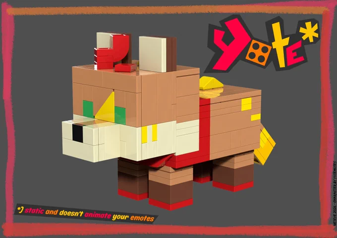A minecraft inspired Lego model, depicting Yotemotes character. The small print reads that it is static and does not animate emotes, in response to the mostly animated emote art done by Yotemotes.