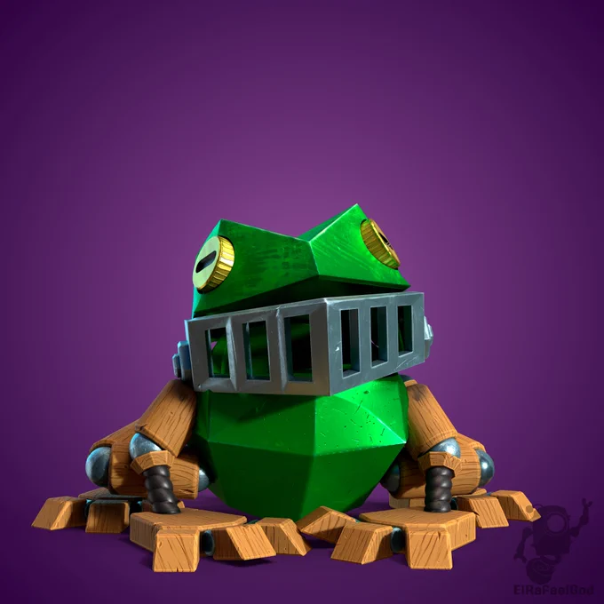 A robot frog sitting with its mouth slightly open