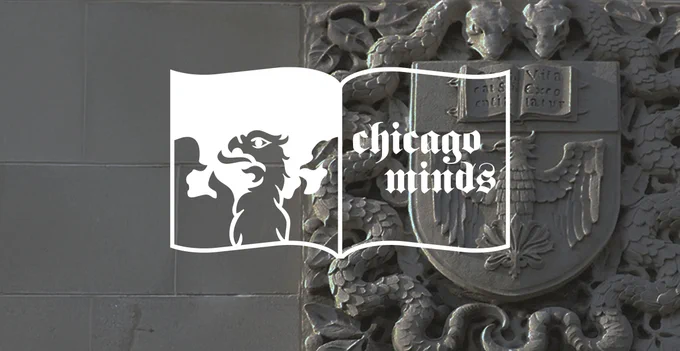 Stone building detail with \"Chicago Minds\" in script overlaying. Book icon with eagle image is on left, with a stone crest on the right, surrounded by carved stone dragons and foliage.