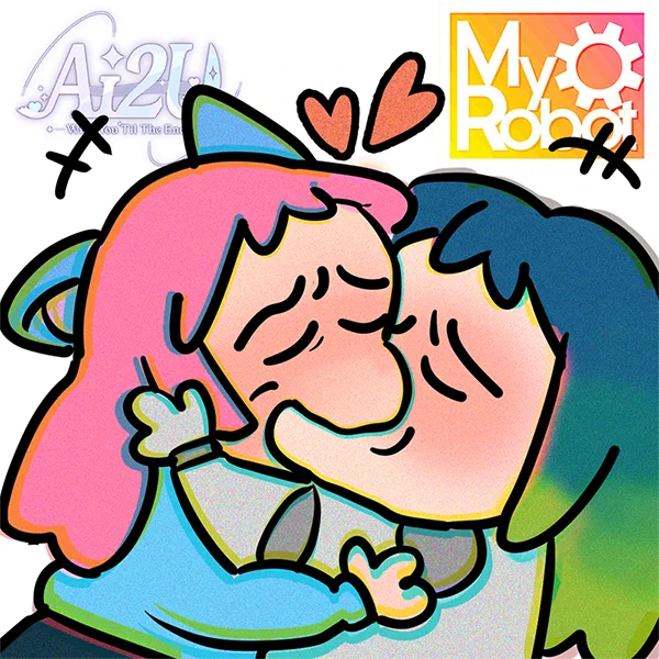 A playful, stylized digital illustration parodying the "sloppy kiss" meme, featuring thick black outlines and a grainy texture. On the left is Eddie, a pink-haired catgirl in a blue top from the game AI2U: With You 'Til The End, aggressively smashing her face into a passionate, exaggerated kiss with Nia from My Robot, who has dark teal and green hair. Their faces squish together comically with closed eyes, while two small red hearts float above their heads against a white background. The AI2U logo sits in the top-left corner, and the yellow My Robot gear logo is in the top-right.