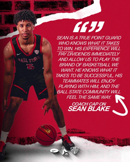Quote graphic for Sean Blake featuring Blake in a black Ball State men's basketball uniform
Text:
Sean is a true point guard who knows what it takes to win. His experience will pay dividends immediately and allow us to play the brand of basketball we want. He knows what it takes to be successful. His teammates will enjoy playing with him, and the Ball State community will feel the same way.
Coach Cap on Sean Blake