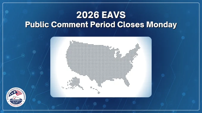 A dark blue cyber circuitry background fills the frame. Top center in bold white text reads "2026 EAVs Public Comment Period Closes Monday". Centered is a digital US map in white rectangle. Lower left is a circular EAC logo.
