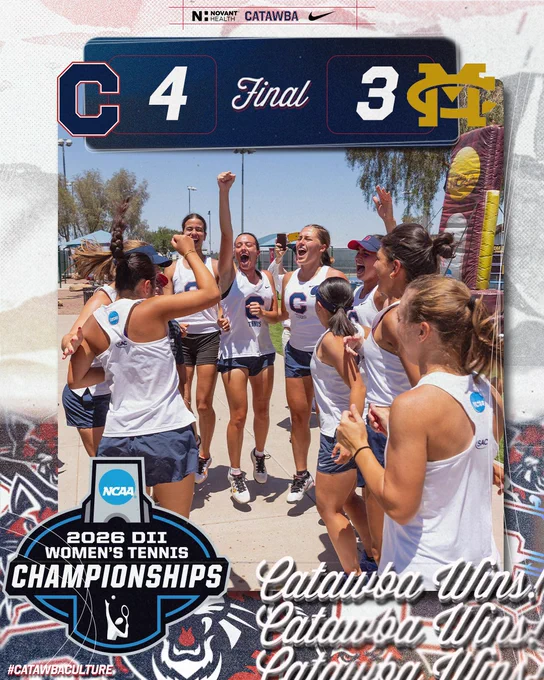 Graphic depicting Catawba Women's Tennis' 4-3 win over Mississippi College. Pictured is the team celebrating.
