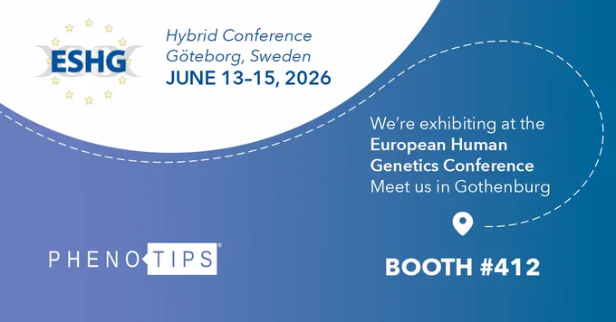 A graphic with a blue and purple gradient background and a white circle in the top left-hand corner. In the circle is the ESHG logo, text beside it reads: "Hybrid Conference. Götenborg, Sweden. June 13-15, 2026". A dashed line follows the outline of the circle and loops around text reading, "We're exhibiting at the European Human Genetics Conference. Meet us in Gothenburg," and ends in a location marker above bold text reading "Booth #412." The PhenoTips logo is in the bottom left-hand corner.