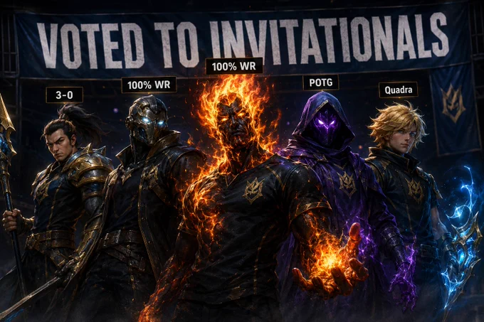 Xin Zhao, Viktor, Brand, Malzahar and Ezreal standing in a "Team Day" style pose in front of a banner that says "Voted to Invitationals." The text above them is their biggest accolade/achievement from the season.