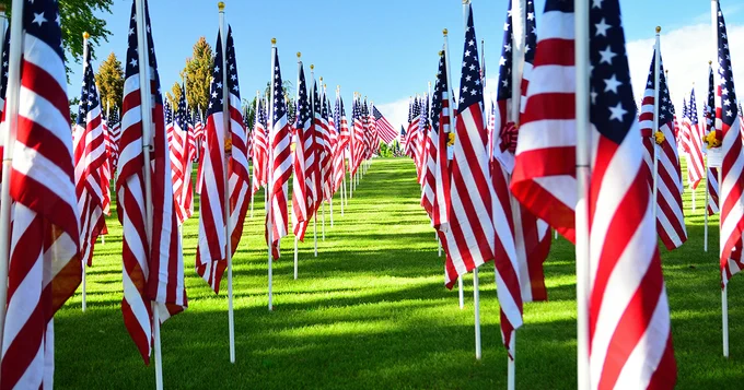 A green field is filled with numerous American flags on poles, arranged in neat rows. 