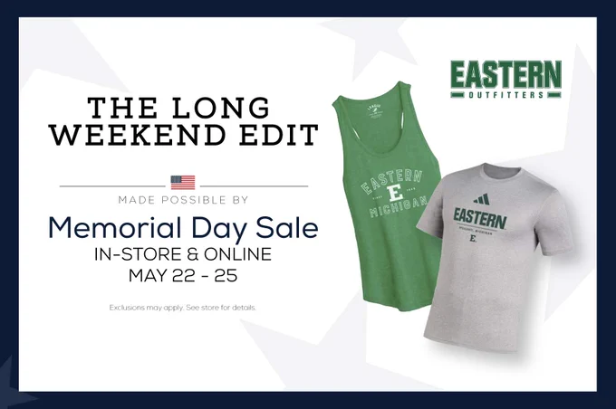 The image is a promotional advertisement for Eastern Outfitters' "The Long Weekend Edit" Memorial Day Sale occurring in-store and online from May 22 to 25. It features a green tank top with the text "Eastern Highmark" and a gray T‑shirt with the word "Eastern." An American flag icon is shown above the sale information.