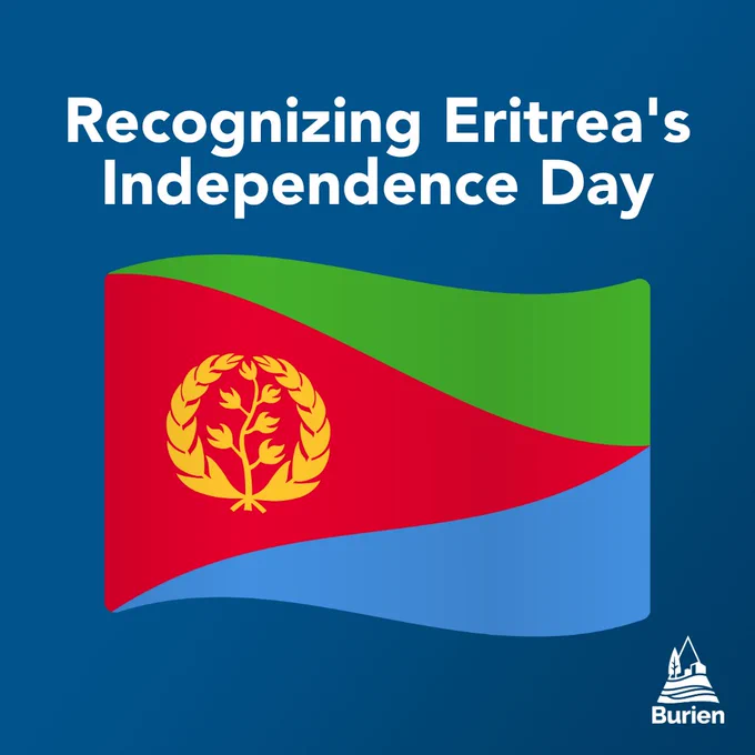 A blue background with text reading: Recognizing Eritrea's Independence Day and the country of Eritrea's flag in colors of green, red, and blue with a golden emblem olive branch encircled with an olive wreath.
