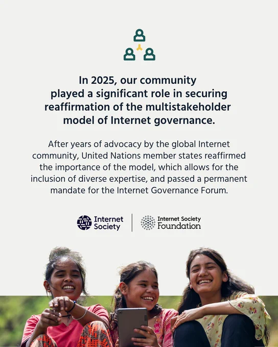 Three girls smile and sit together. Text highlights the role our community played in securing reaffirmation of the multistakeholder model by the UN. 