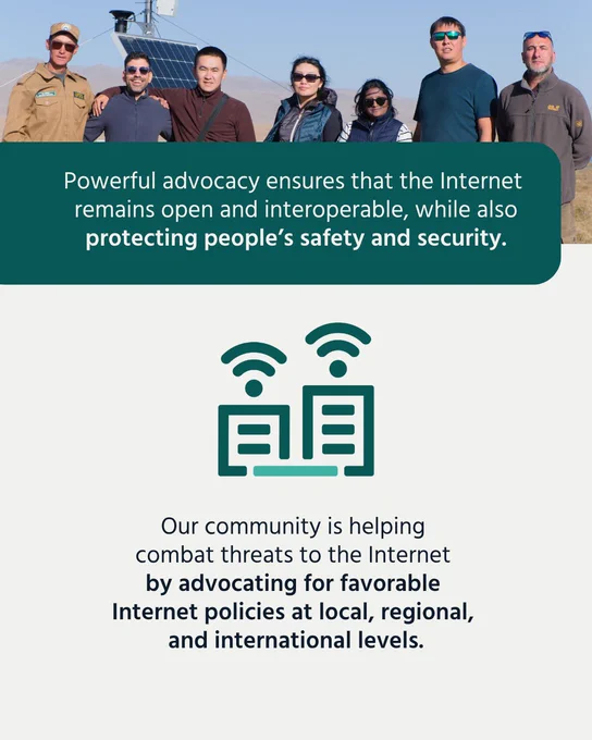 Seven people stand together outside in front of a piece of connectivity infrastructure. Text highlights the difference advocacy can make and what our community is doing. 