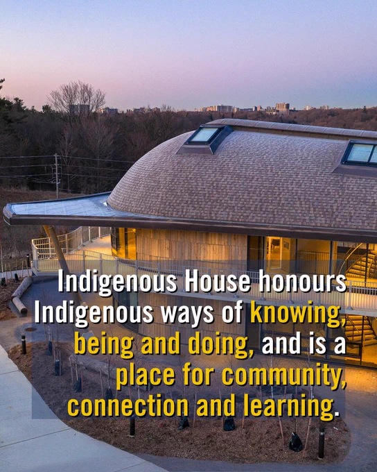 The Indigenous House with a distinctive curved roof set in a natural landscape at dusk. Text overlays on image "Indigenous House honours Indigenous ways of knowing, being and doing, and is a place for community, connection and learning."