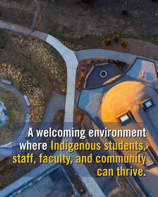 Aerial view of a campus pathway leading to the Indigenous House. The surrounding landscape features grass and pathways. Text overlays the image, stating: "A welcoming environment where Indigenous students, staff, faculty, and community can thrive."