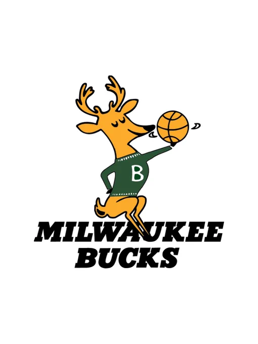 A photo of the original Milwaukee Bucks logo featuring a deer holding a basketball while wearing a green sweater with the letter B on it. The deer is sitting on text that reads, "Milwaukee Bucks."