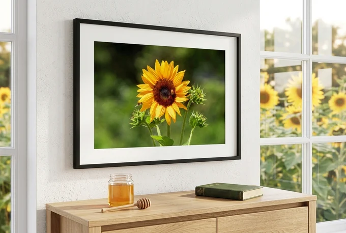 A bright interior mockup for Flowers on Friday featuring a black-framed photograph of a yellow Common Sunflower with two honey bees, one on the center disk and one mid-flight. The art hangs on a clean white wall above a light oak sideboard styled with an antique book and a glass jar of golden honey. To the right, a large window looks out onto a sunny, blurred field of blooming sunflowers, capturing a bright summer vibe for Memorial Day weekend.