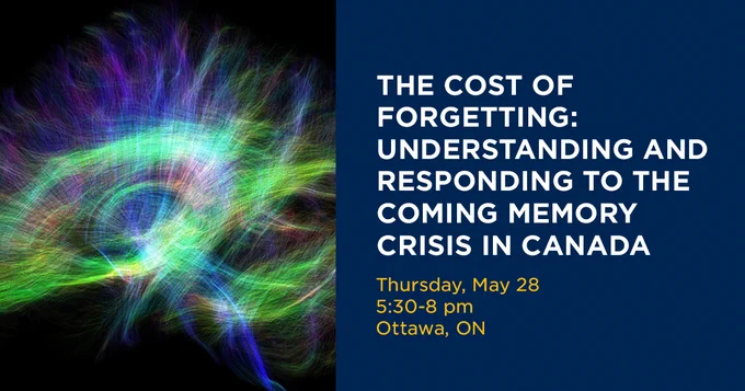 A colorful abstract design resembling a neural network is to the left. On the right, text reads: "The Cost of Forgetting: Understanding and Responding to the Coming Memory Crisis in Canada," with event details "Thursday, May 28, 5:30-8 pm, Ottawa, ON."