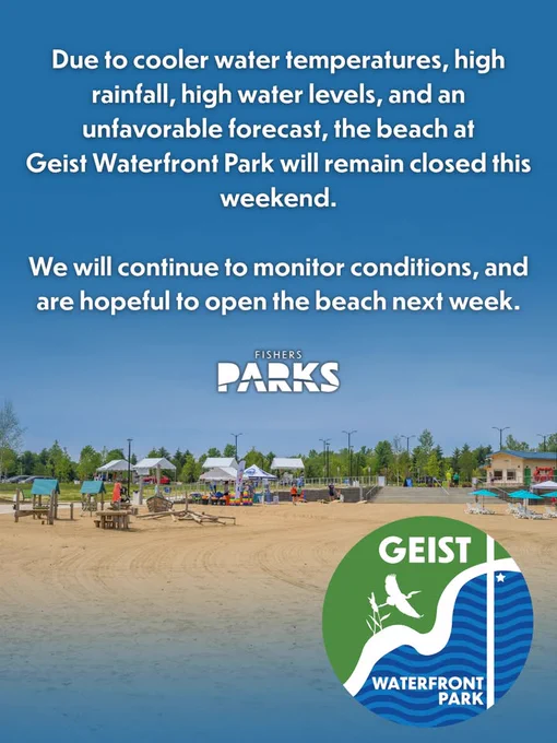 A poster announcing the closure of the beach at Geist Waterfront Park due to weather conditions. The background features a photo of the park with a sandy beach and trees. Logos for Fishers Parks and Geist Waterfront Park are displayed.