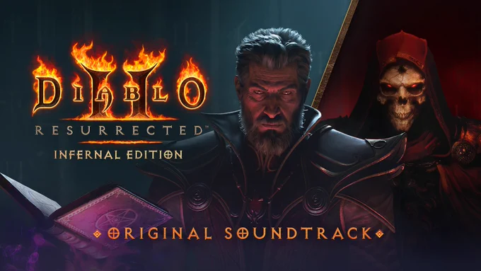 Promotional graphic for the Diablo II Resurrected Infernal Edition Original Soundtrack. A stern, grey-haired Warlock in dark armor dominates the center, flanked by a red-robed skeletal figure with glowing red eyes on the right and a glowing arcane spellbook on the lower left. The Diablo II Resurrected logo with flames appears next to the bearded Warlock, with \"Infernal Edition\" and \"Original Soundtrack\" text in ornate gold lettering.