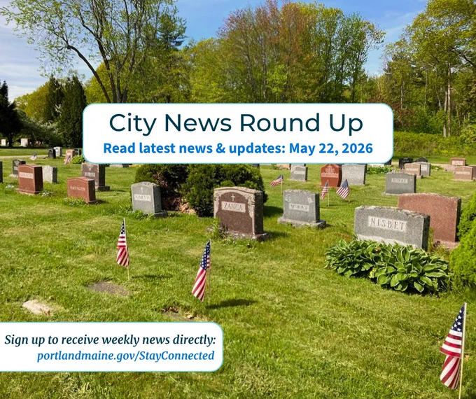 Memorial Day Flags at Evergreen Cemetery with City News Round Up Logo overlay