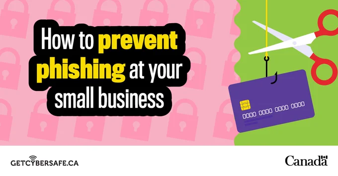 A pair of scissors cutting a fishing hook that is looped through a credit card. Image text: How to prevent phishing at your small business