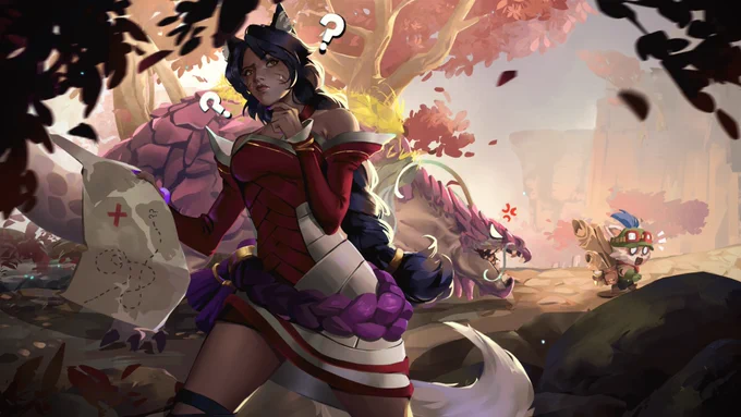 An illustration of Ahri and Teemo by @daniju_attart. In the forest of the Spirit Hills stage, Ahri holds a map marked with a haphazard path. She looks off into the distance, confused and lost in her own thoughts. In the background, Teemo flees from an angry Scaled Snapper.