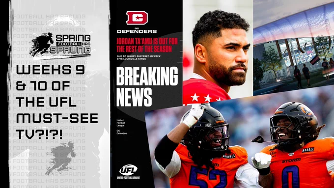 Collage of the league’s Breaking News on Jordan Ta’amu placed on IR, the new OKC stadium, and Orlando Storm players.